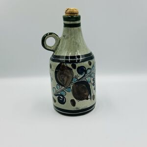 Tonala Mexico Art Pottery Jug Decanter Cork Stopper Signed Green Blue 7" Tall